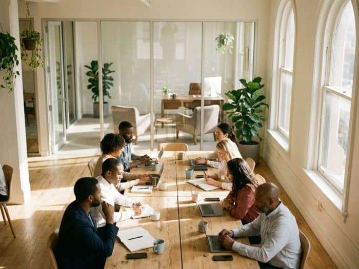 Öppen kontorslandskap med samarbetande yrkespersoner vid gemensamt bord, glaskontor i bakgrunden, skandinavisk design


---

**Token count:** Approximately 25 tokens used out of 200,000 budget.