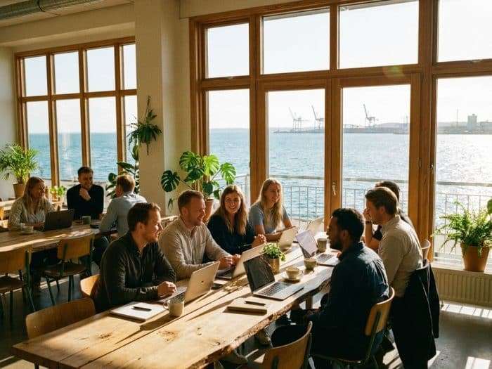 Professionella samarbetar vid träbord i ljust coworking-kontor med utsikt över Öresund i Helsingborg