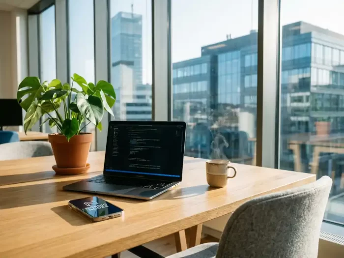 Modern arbetsplats med laptop och kod, Kista Science Tower synlig genom fönster, skandinavisk inredning