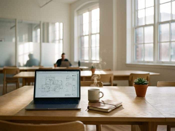 Modern kontorsplats med laptop som visar ritningar, kaffekopp och växt i ljust skandinaviskt samarbetsutrymme