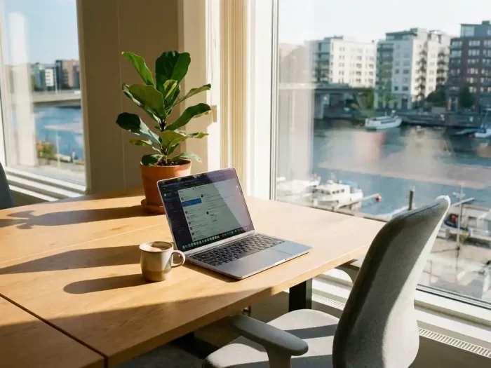 Ljust coworking-skrivbord vid fönster med laptop, kaffe och utsikt över Liljeholmens vattenkant i Stockholm