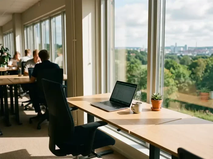 Ljust skrivbord vid fönster med utsikt över Mölndal och Göteborg, laptop, kaffe och växt i coworking-miljö