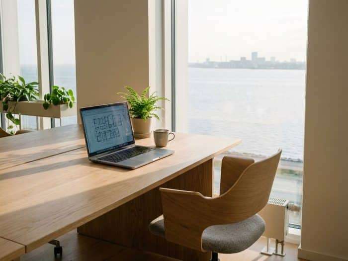 Laptop med arkitekturritningar på skrivbord vid fönster med utsikt över Öresund och Malmö