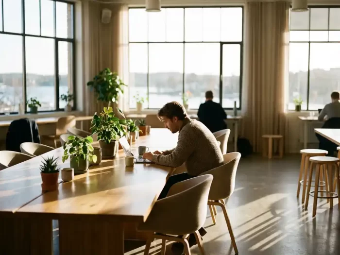 Professionell person arbetar vid laptop i ljust coworking space med växter och skandinavisk design