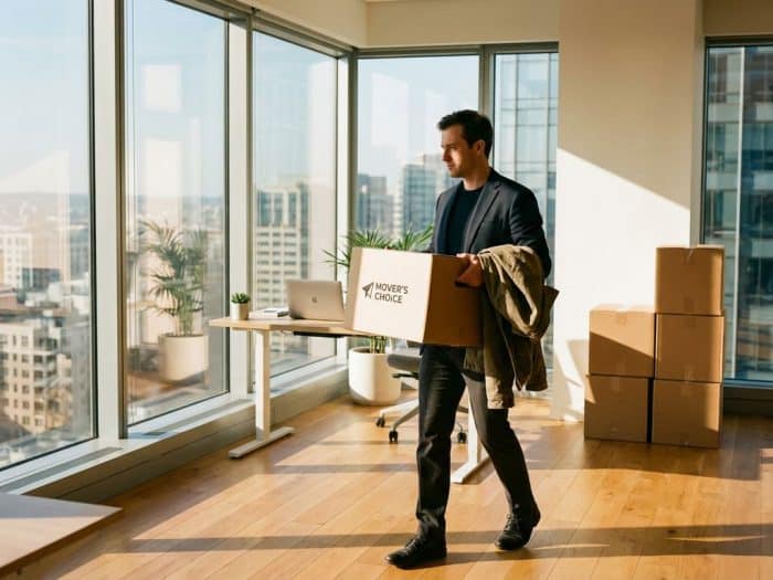 Professionell person bär kartong in i modernt ljust kontor med trägolv och organiserade flyttkartonger