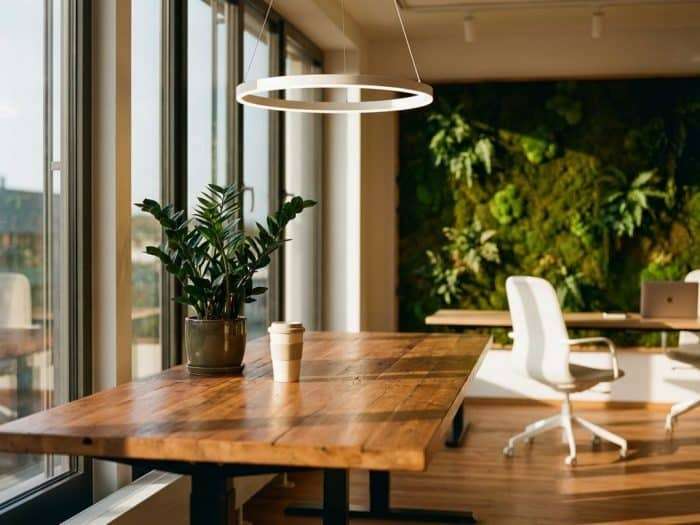 Skandinaviskt kontorsarbetsområde med träskrivbord, grön växt, återvinningsbar kaffekopp och naturligt dagsljus