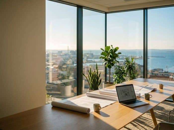 Modernt kontorsinteriör med konferensbord, ritningar och laptop mot Helsingborgs stadsvy och Öresund