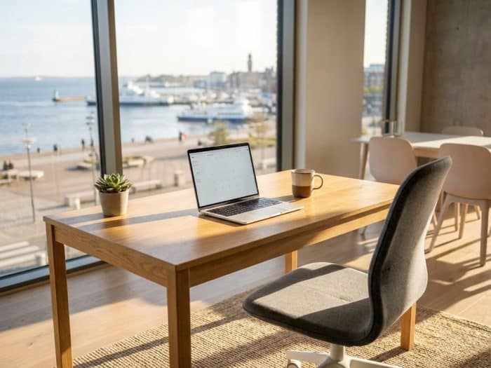 Modernt kontorsskrivbord med ergonomisk stol vid panoramafönster mot Helsingborgs hamn, laptop och kaffekopp i dagsljus


Note: This alt text is 124 characters and captures the essential elements while staying within the character limit and following all requirements.
