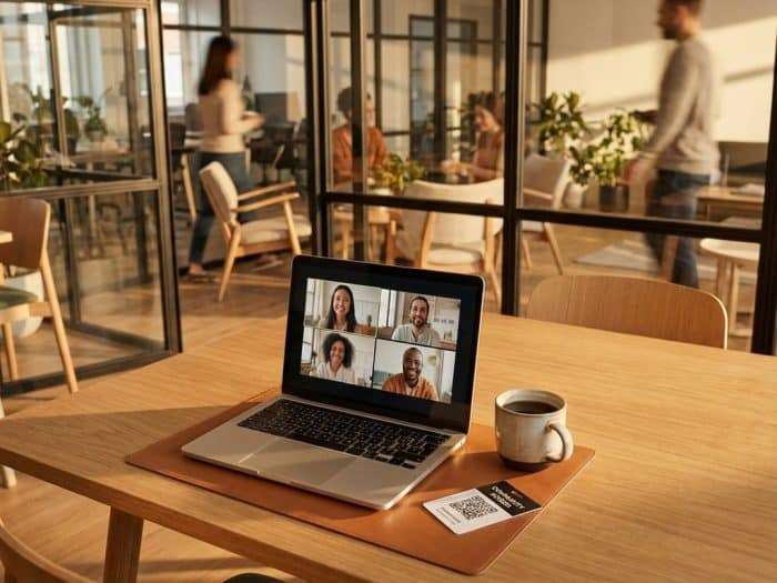 Laptop med videosamtal på skrivbord i modernt kontorslandskap med gästkort och kaffekopp i solljus