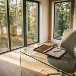 Modernt skandinaviskt kontor i Haninge med glasskrivbord, hyresavtal och utsikt över tallskog genom panoramafönster