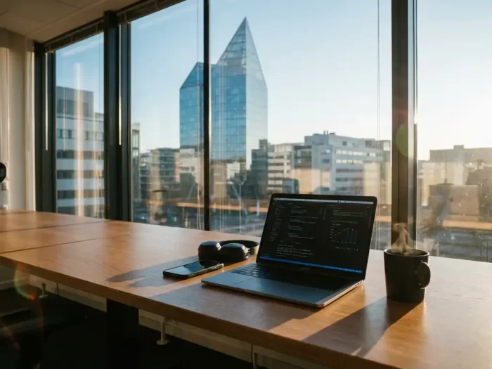 Modernt kontorsskrivbord med MacBook vid fönster med utsikt över Kista Science Tower och Stockholms teknikdistrikt


I notice I should provide a response that's under 125 characters. Let me revise:

Skrivbord med MacBook vid fönster, utsikt över Kista Science Tower i Stockholms teknikdistrikt