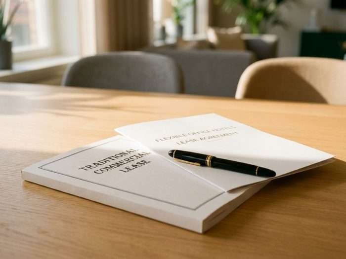 Två leasingavtal staplade på modernt kontorsskrivbord med reservoarpenna, naturligt dagsljus och minimalistisk design