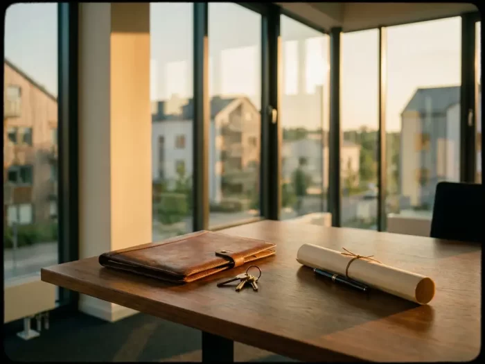 Skrivbord med portfölj, nycklar och hyresavtal i modernt kontorslandskap i Mölndal med stora fönster
