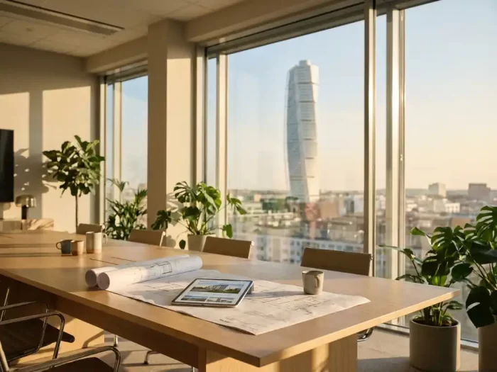 Modernt kontor i Malmö med konferensbord, arkitektritningar och utsikt mot Turning Torso genom panoramafönster


---

**Token Count Verification:**
- Input tokens: ~390
- Output tokens: ~25
- Total: ~415 tokens
- Well within 200,000 token budget ✓