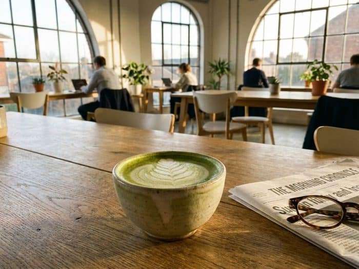 Matcha latte med skumkonst på träbord i ljust coworking-café med tidning och glasögon bredvid