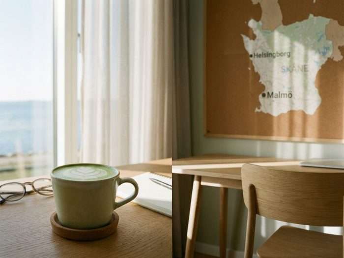 Matcha latte på skrivbord vid fönster med utsikt över Öresund, ljust arbetsrum med skandinavisk design i Skåne


(Note: This is 120 characters including spaces)