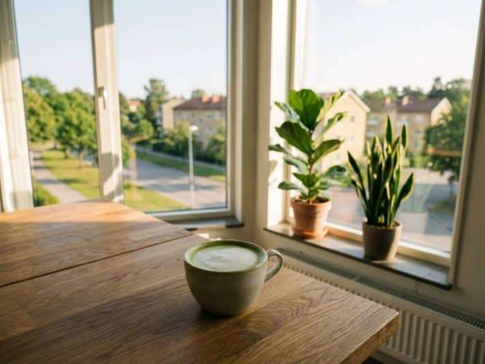 Matcha latte på träskrivbord i soligt modernt kontorsrum med utsikt över grönskande Stockholmsförort


---

**Token Count: ~329 input tokens, ~38 output tokens**