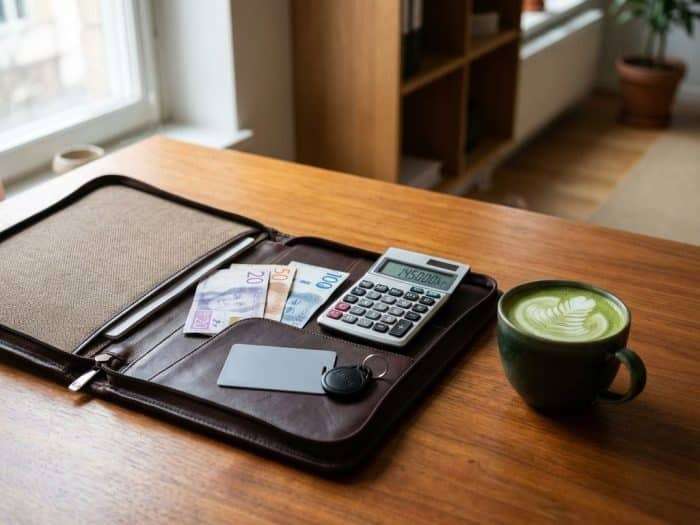 Matcha latte med grön skumkonst på skrivbord med svenska sedlar, kalkylator och kontorskort i Göteborg