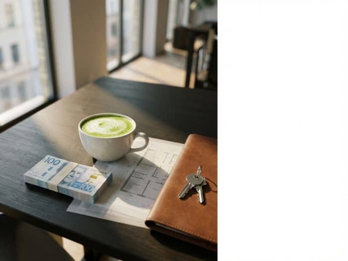Matcha latte i vit kopp på modernt kontorsskrivbord med svenska sedlar, nycklar och kontraktsmapp vid fönster


---

**Reasoning (not included in output):**
- Started with hero element (matcha latte)
- Included key contextual elements (desk, Swedish kronor, keys, contract)
- Natural lighting mentioned via "vid fönster"
- Under 125 characters
- Swedish language as requested
- No "bild av" or similar phrases
- Descriptive for screen readers while SEO-friendly