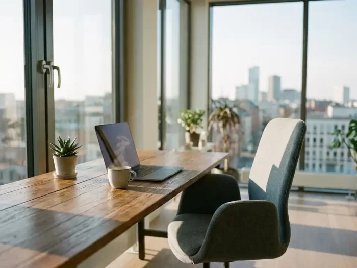 Modernt kontorsskrivbord med laptop, kaffekopp och växt framför Malmös skyline genom panoramafönster