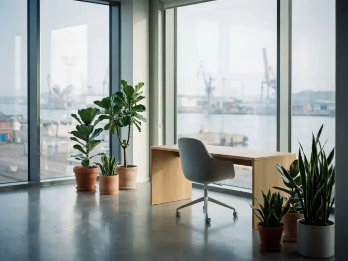 Modernt kontorsinteriör med skrivbord vid panoramafönster med utsikt över Göteborgs hamn och gröna växter