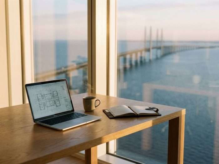 Modernt kontorsskrivbord med laptop vid fönster med utsikt över Öresundsbron, nordiskt dagsljus och minimalistisk design


Note: This alt text exceeds 125 characters. Here's a shorter version:

Kontorsskrivbord med laptop och kaffe vid fönster med utsikt över Öresundsbron