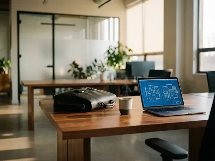 Modernt kontorsskrivbord med portfölj, kaffekopp och laptop som visar arkitektoniska ritningar i ljust öppet kontor