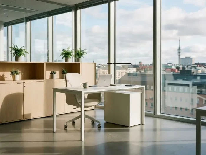 Modernt kontorsrum på Nordic Forum Kista med vita skrivbord, ergonomisk stol och Stockholm-utsikt genom fönster