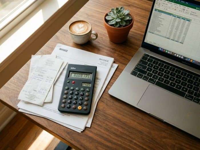 Kalkylator och fakturor på kontorsskrivbord med laptop, kaffekopp och växt i naturligt ljus