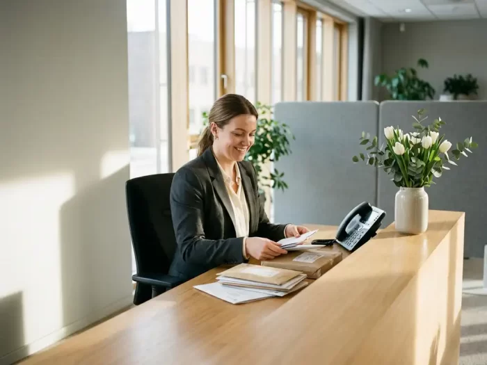 Receptionist sorterar post och paket vid modernt skrivbord i skandinaviskt kontor med naturligt ljus