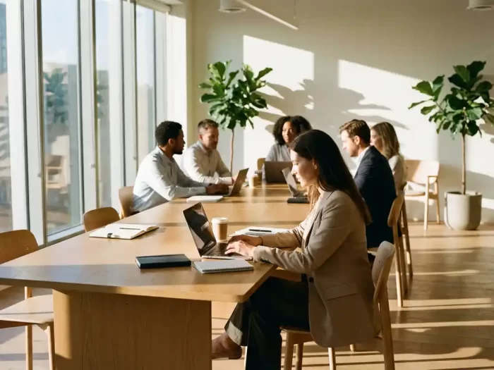 Kvinna arbetar på laptop i ljust coworking-kontor med kollegor och naturligt ljus genom stora fönster