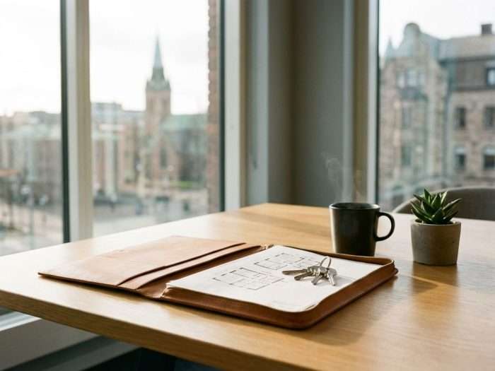 Öppet portfölj med kontorsritningar och nycklar på skrivbord i Göteborg med utsikt över staden