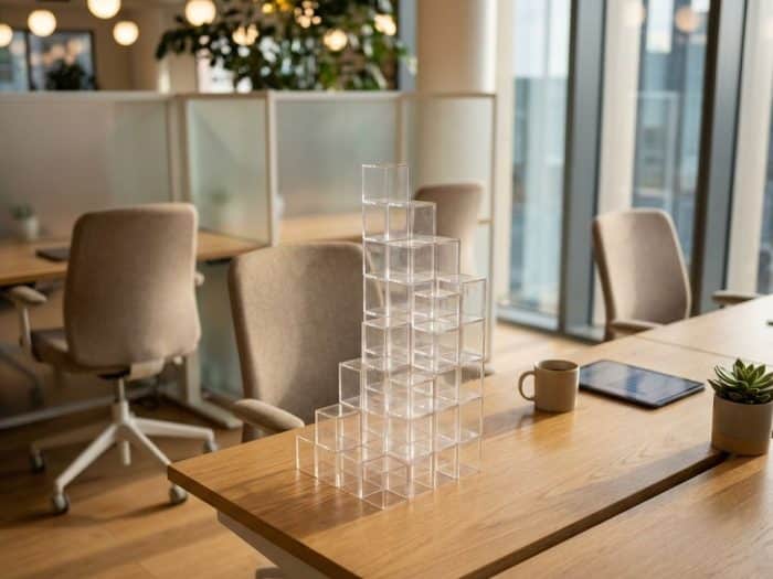 Transparent akrylblock i stigande nivåer på modernt kontorsskrivbord symboliserar tillväxt och skalbar expansion