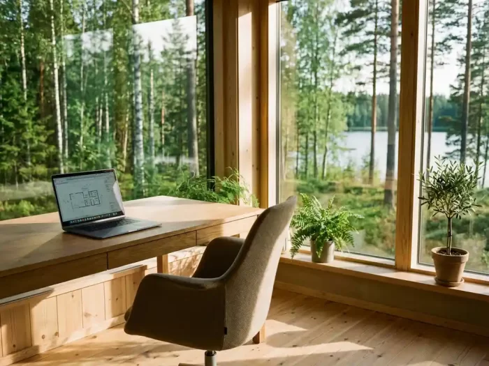 Modernt skandinaviskt kontorsarbetsplats med laptop vid fönster mot svensk skog och vatten i naturligt dagsljus