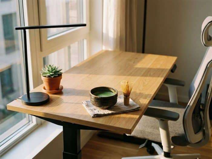 Höj- och sänkbart skrivbord med matchate i keramikskål, bambuvissp, suckulent och skrivbordslampa i naturligt ljus