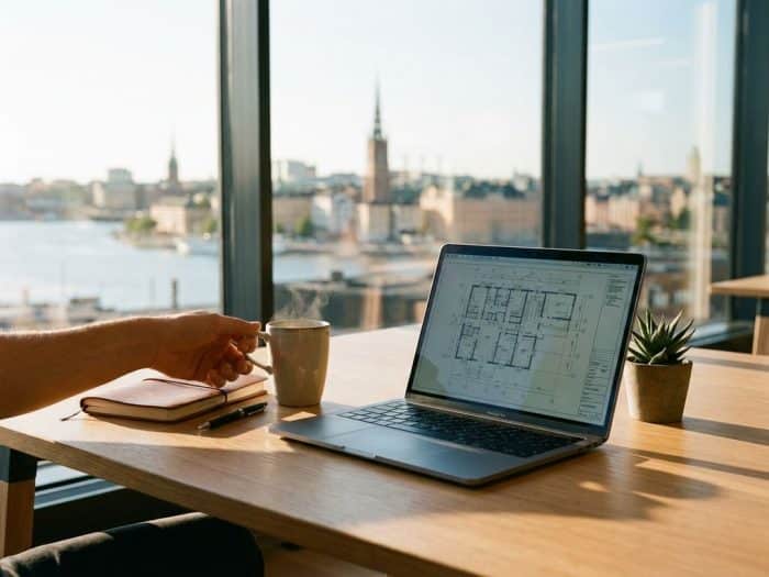 Modernt coworking-skrivbord vid fönster med utsikt över Stockholms stadsbild, laptop med ritningar och kaffekopp