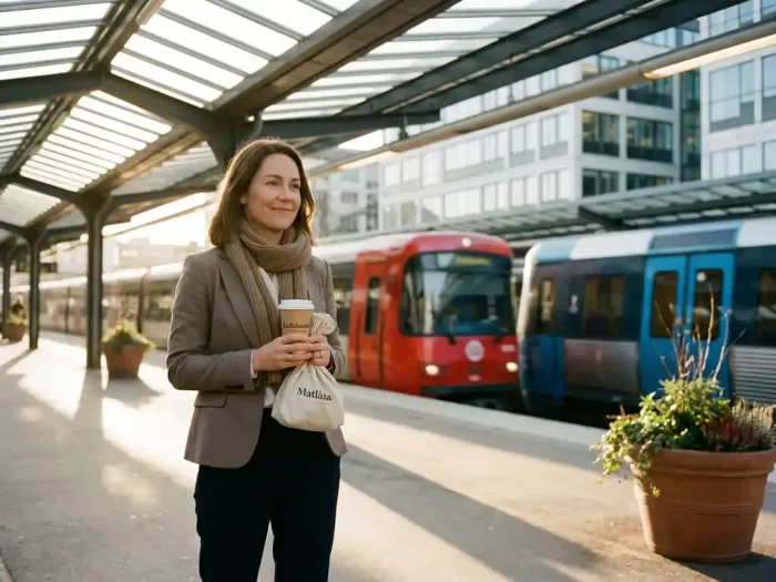 Kontorsarbetare med kaffekopp på Liljeholmens tunnelbanestation i Stockholm, moderna tåg i bakgrunden