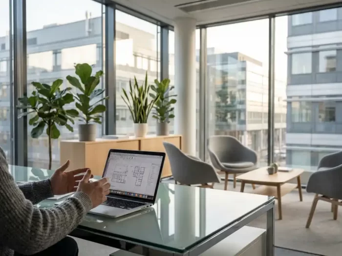 Entreprenör arbetar vid skrivbord i modernt Kista-kontor med utsikt över Stockholms tech-distrikt