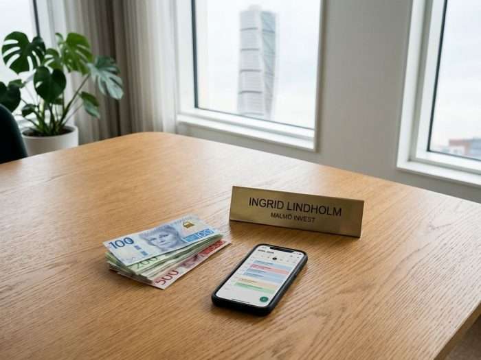 Stapel svenska kronor på konferensbord i Malmö-kontor med Turning Torso i bakgrunden