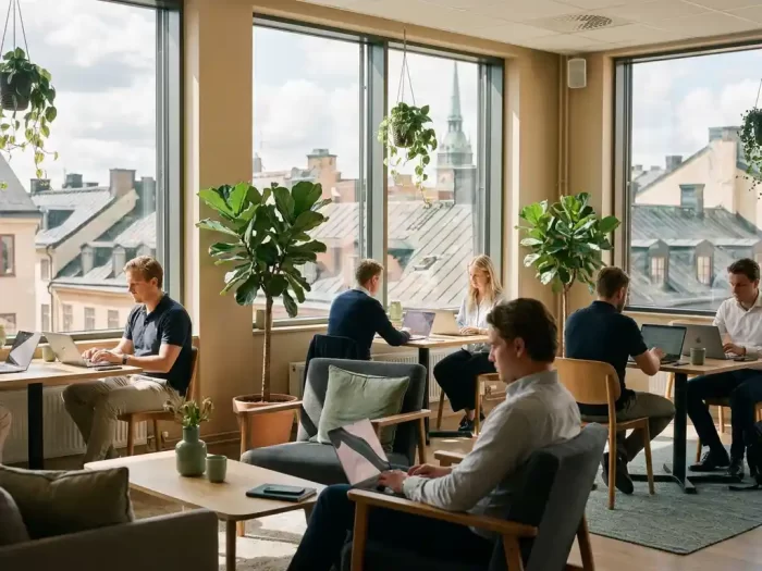 Soligt coworking-utrymme i Stockholm med panoramafönster, skandinavisk inredning i ek och gröna växter