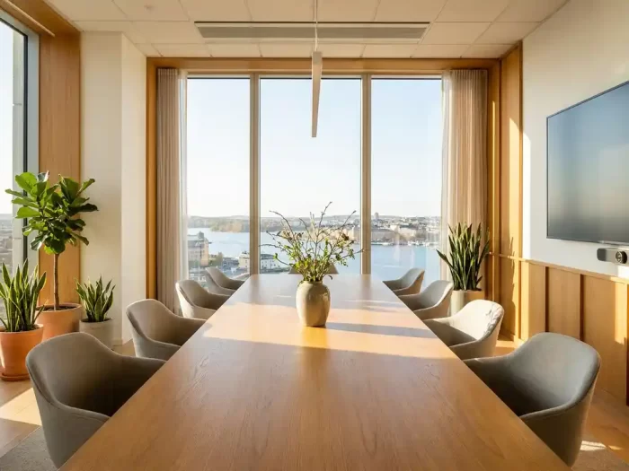 Ljust konferensrum med glasväggar mot Stockholms hamn, polerat trä-bord med åtta stolar, skandinavisk design med ekaccenter och växter
