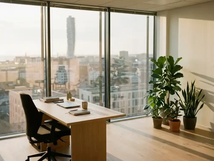 Modernt kontor med glasväggar och utsikt över Malmös skyline, skandinaviskt skrivbord, växter och ekgolv i eftermiddagssol
