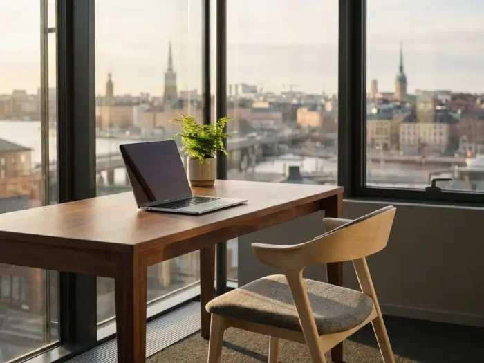 Modernt kontorsskrivbord med laptop och växt framför Stockholms skyline genom panoramafönster