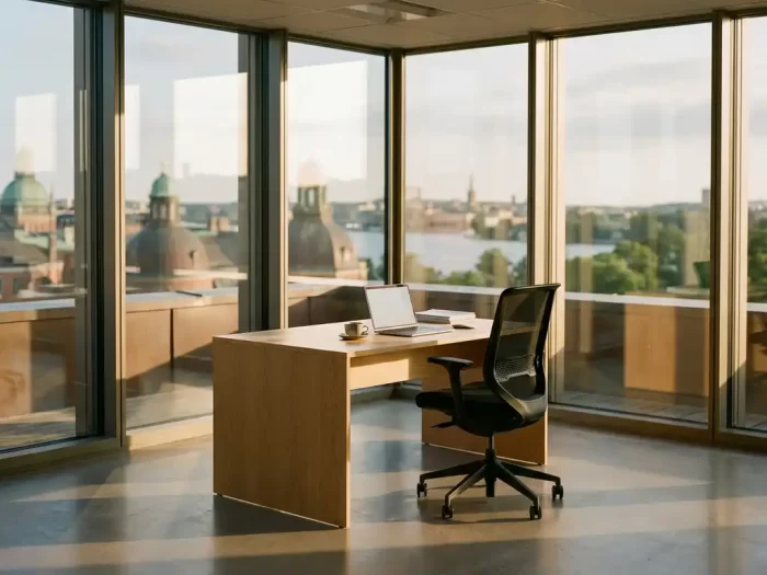Ljust kontor med glasväggar och utsikt över Stockholms skyline, minimalistiskt ekskrivbord med laptop och kaffekopp