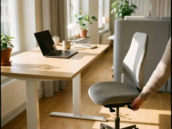 Hand justerar höjden på en ergonomisk kontorsstol vid ett modernt skrivbord i ek med naturligt ljus från fönster